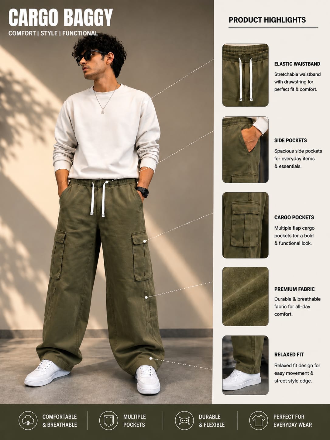 Twill 7 Pocket Baggy Pant - Dark Olive